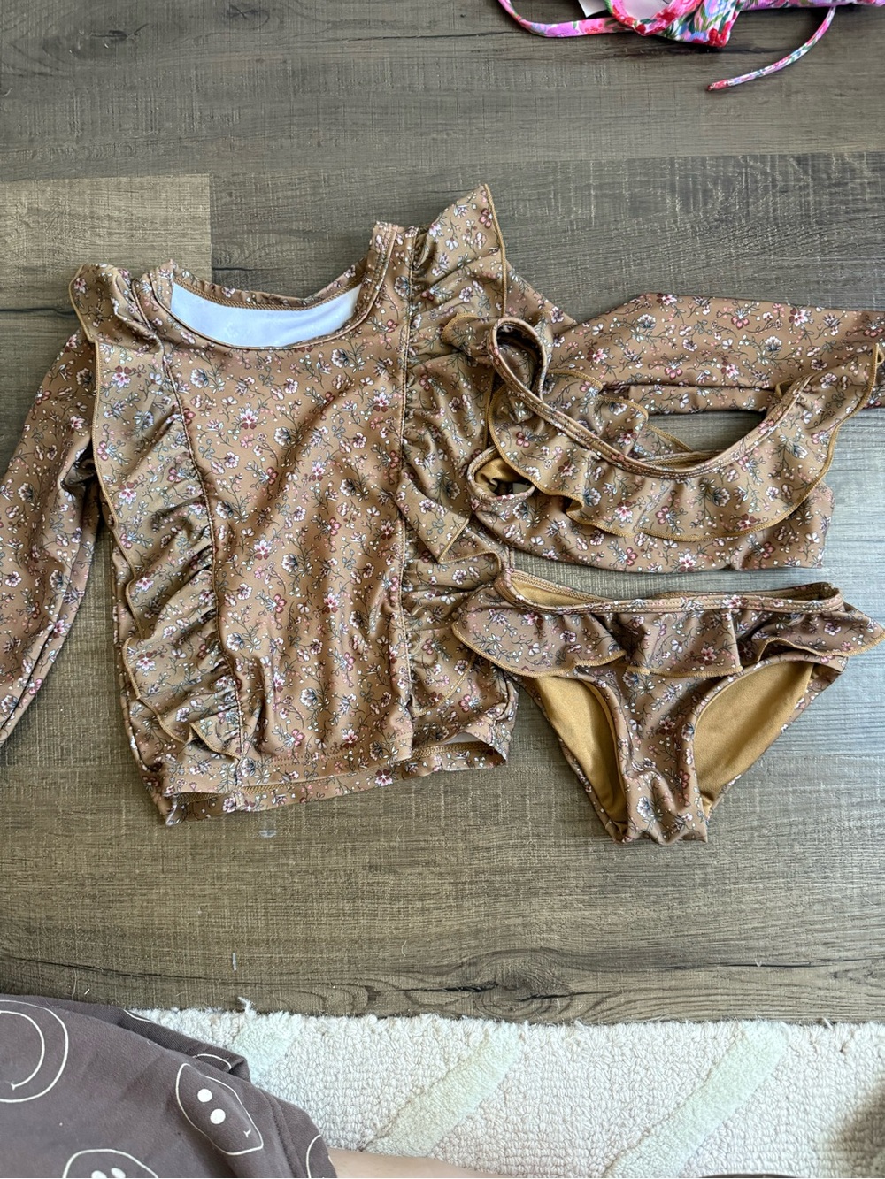 Jamie Kay Brown Floral Ruffle Rash Top and Bikini Set